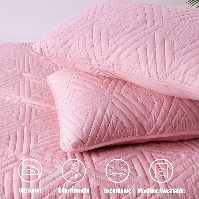 Whale Flotilla Soft Queen Size Quilt Set for All Seasons, 3-Piece Ultrasonic Geometric Quilts Bedding Set, Lightweight Reversible Bedspread, Coverlet, Bed Cover with 2 Pillow Shams, Pink