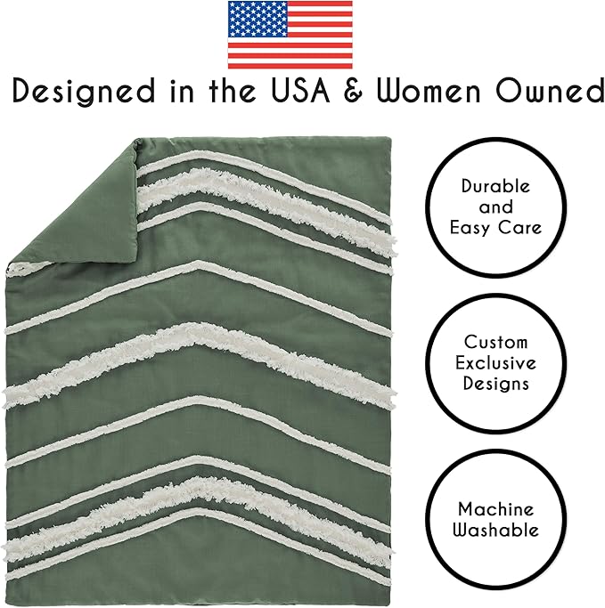 Sweet Jojo Designs 4-Piece Baby Crib Bedding Set (Green Boho Linen) for Boys or Girls, Infants/Nursery incl. Blanket, 100% Cotton Fitted Sheet, Skirt, Diaper Stacker (Sage, Chevron, Neutral Farmhouse)