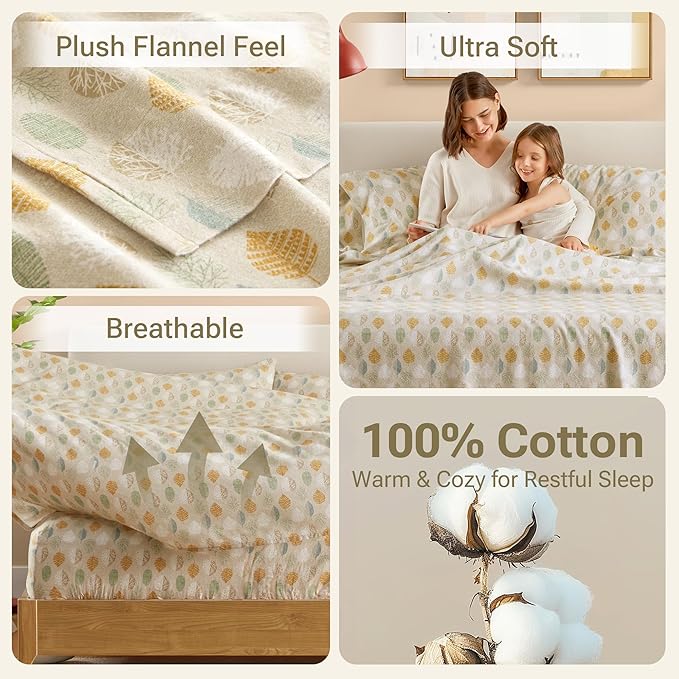 True North by Sleep Philosophy Cozy Flannel Warm 100% Cotton Sheet - Novelty Print Animals Stars Cute Ultra Soft Cold Weather Bedding Set, King, Multi Leaves 4 Piece