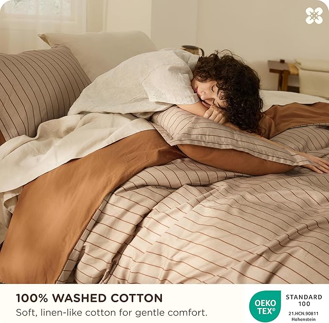 Bedsure Striped Duvet Cover King Size,100% Washed Cotton Duvet Cover Linen Like Textured, Classic Striped Pattern Enhances Bedroom Comfort and Style, Stripes Camel/Brown, 104"x90"