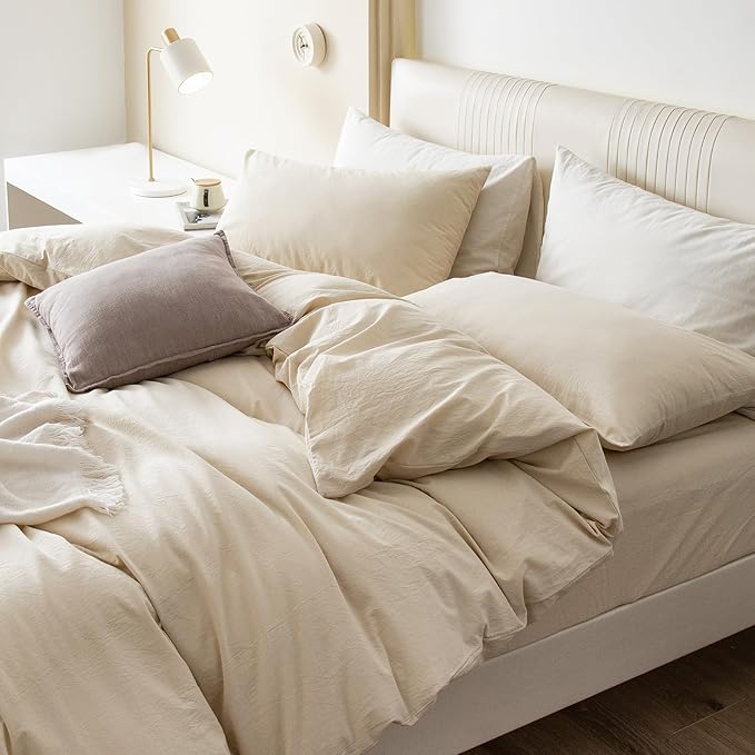 JIYUAN 100% Washed Cotton Duvet Cover Set 3 Pieces Super King, 1 Duvet Cover 108x98 Inches(Comforter Not Included) and 2 Pillowcases,Linen Feel Bedding Set Comfy and Breathable,Heathered Beige