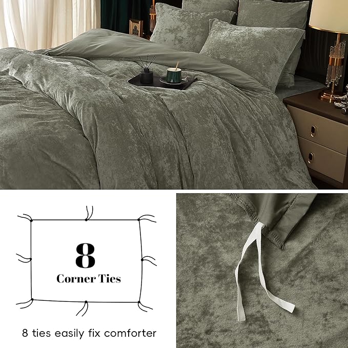 PHF Truly Velvet Duvet Cover Set Queen Size, 3pcs Ultra Soft Breathable Comforter Cover Set, Luxury Cozy Flannel Duvet Cover with Pillow Shams Bedding Collection, 90" x 90", Smokey Olive