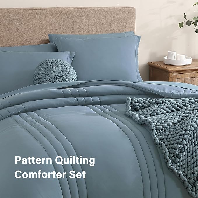 Monbix Full Comforter Set - 7 Pieces Dusty Blue Bed in a Bag Full Size Bedding Sets with Comforters, All Seasons Comforter with Sheets, Pillowcases & Shams