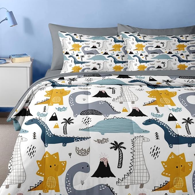 Nesker 7 Pcs Comforter Set Full Size, Cute Dinosaur Dino Bedding for Kids Teen, Blue Yellow Dragon with Fitted Sheet 2 Pillowcases & 2 Shams for Bedroom Bed Décor