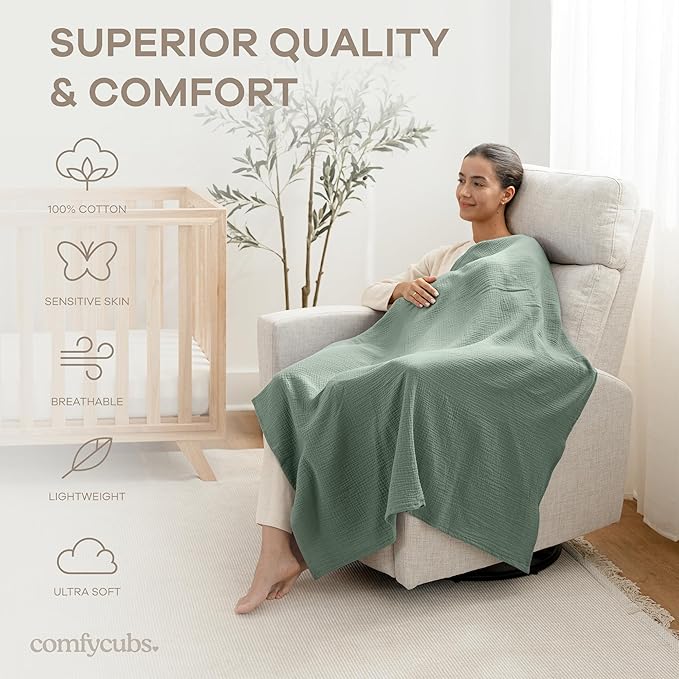 Comfy Cubs Muslin Swaddle Blankets Pack of 3, 42 x 42 Inch Soft 100% Cotton Baby Blanket Set, Large Wraps for Newborns - Self-Soothing Swaddles for Newborns - Neptune, Pacific Blue, Fern