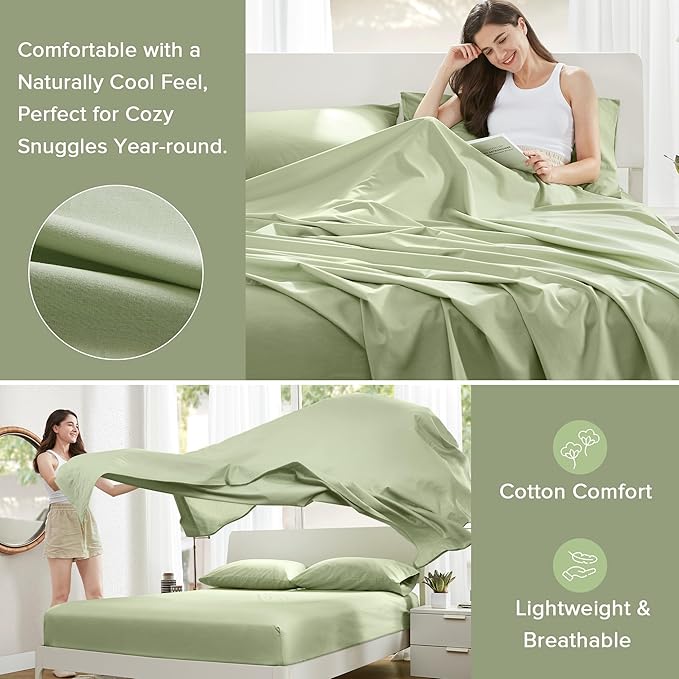 Comfort Spaces 100% Cotton Sheets Full, Breathable & Soft Cotton Sheets, Naturally Cool Cotton Bed Sheets with 14" Elastic Pocket Fits up to 16" Mattress, All Seasons Sheet Set, Sage Green 4 Piece