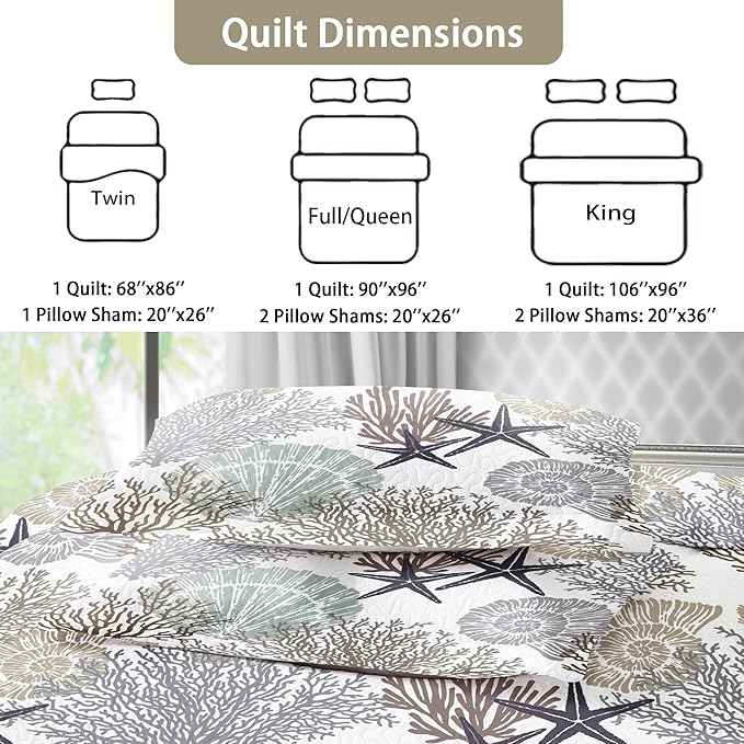 Tritard 3 Piece Coastal Quilt Sets Full/Queen Size - Reversible Microfiber Quilts with 2 Shams Soft Lightweight Beach Bedding Nautical Bedspread Summer Comforter Set for All Season, 90''x96'', C2