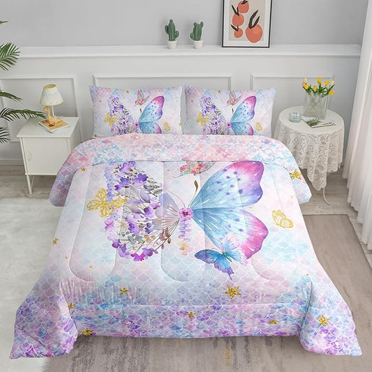 Axolotl Butterfly Bedding Twin,Rainbow Butterfly Comforter Set for Girls Teens,Butterfly Bedding for Girls with Golden Star Scales Pattern,Butterfly Printed Quilt Set with 1 Comforter 2 Pillowcases
