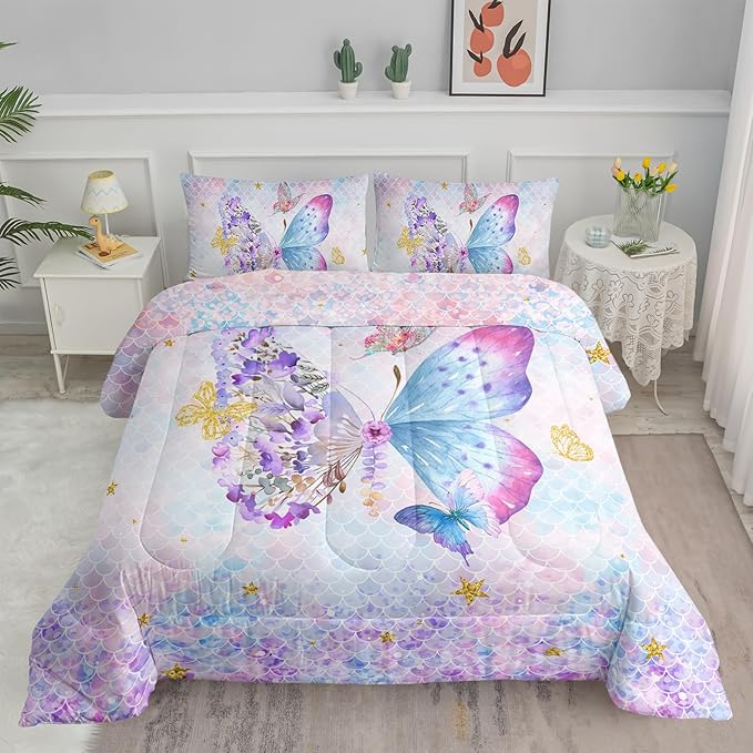 Axolotl Butterfly Bedding Full,Rainbow Butterfly Comforter Set for Girls Teens,Butterfly Bedding for Girls with Golden Star Scales Pattern,Butterfly Printed Quilt Set with 1 Comforter 2 Pillowcases