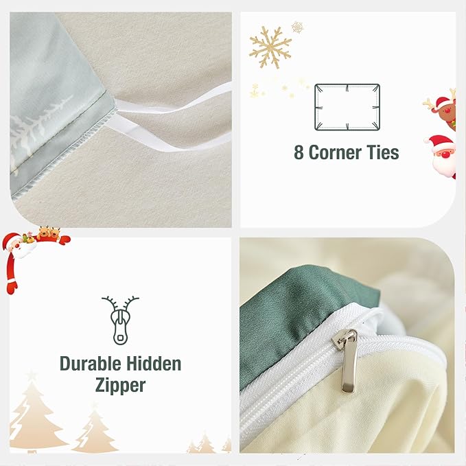 Lekesky Christmas Duvet Cover King Size,3 Pieces Reversible Green Christmas Reindeer Snowflake Holiday Bedding Set with Zipper Closure and 8 Corner Ties(1 Duvet Cover 104×90 inches + 2 Pillowcases)
