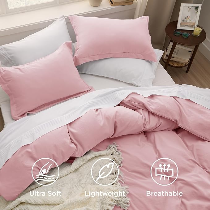 Bedsure Pink Duvet Cover Queen Size - 3 Pieces Prewashed Cotton-Like Extra Soft Bedding Set, Includes 1 Duvet Cover 90x90 Inches with Zipper Closure & 2 Pillow Shams, Comforter Not Included