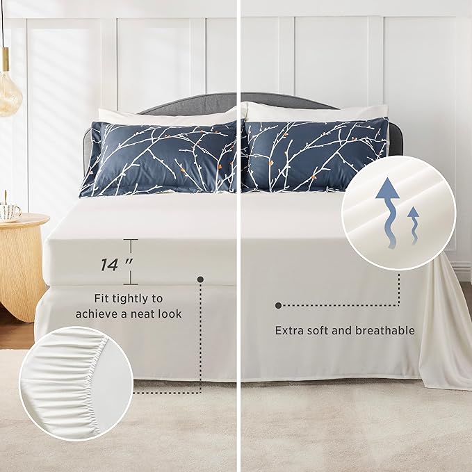 Bedsure King Comforter Sets - 7 Pieces Floral Navy Blue Bed Set, Tree Branch Pattern Printed Bed in a Bag King with Comforter, Sheets, Pillowcases & Shams