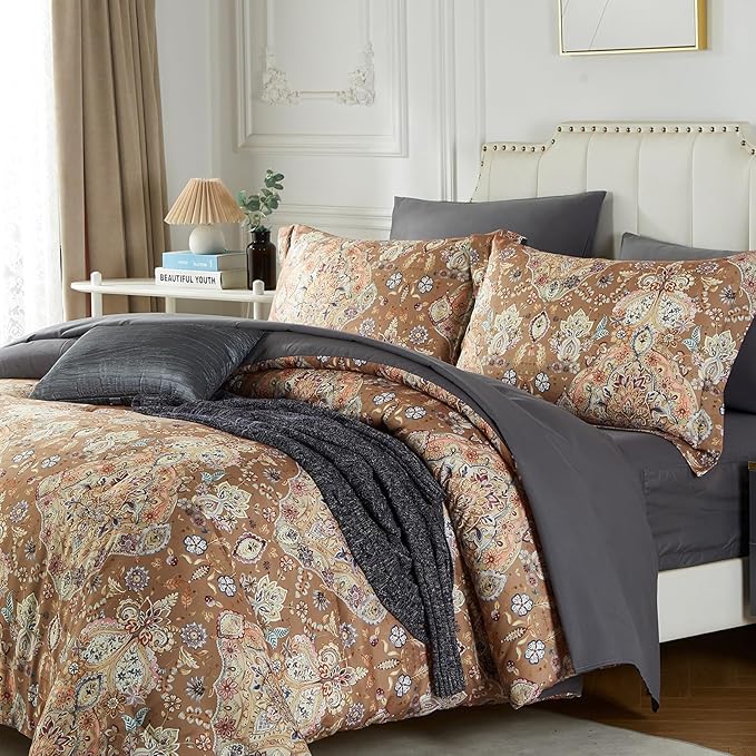 Cupocupa King Duvet Cover Set - 3pc Boho Paisley Floral Bedding - Vintage Botanical Leaf Print Soft Microfiber - All-Season Breathable Quilt Cover with Zipper & Corner Ties (King, 104"x90")