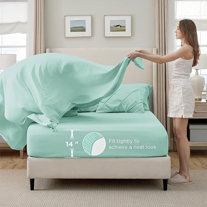 Bedsure Queen Comforter Set Mint Green - Bed in a Bag Queen Size Bedding 7 Pieces, GentleSoft™ Pintuck Bed Set Gift for Family, Pinch Pleat All Season Comforter with Sheets, Pillowcases & Shams