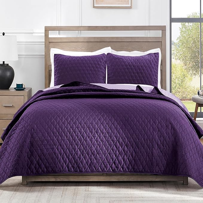 Exclusivo Mezcla Reversible Full Queen Quilt Bedding Set with Pillow Shams, Lightweight Quilts Queen Size, Soft Bedspreads Bed Coverlets for All Seasons - (Deep Purple, 90"x96")