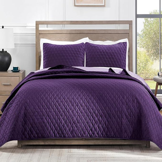 Exclusivo Mezcla Reversible Full Queen Quilt Bedding Set with Pillow Shams, Lightweight Quilts Queen Size, Soft Bedspreads Bed Coverlets for All Seasons - (Deep Purple, 90"x96")