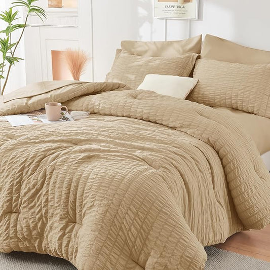 HYMOKEGE Khaki Twin Comforter Set Seersucker 5 Pieces, All Season Luxury Bed in a Bag for Bedroom, Bedding Set with Comforter, Sheets, Pillowcase & Sham