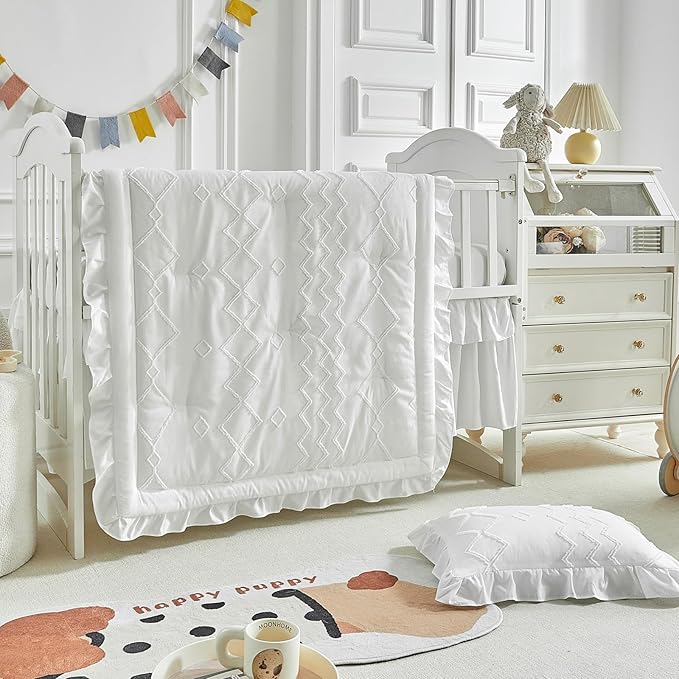 AIKASY The Ruffled Shabby Crib Bedding Set for Girls, Baby Quilted Comforter with Fitted Sheet, Bed Skirt, and Pillowcase（White）