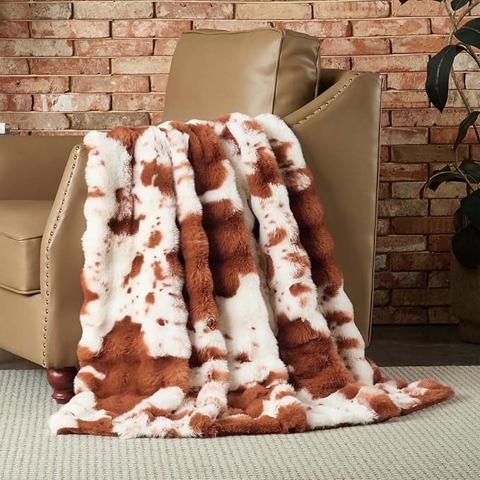 Lotus Karen Faux Fur Throw Blanket Cow Print-Light Brown, Fluffy Fuzzy Plush Bubble Blanket for Couch, 90x90 InchesCozy Shaggy Rabbit Blanket, Luxury Decorative Gifts for Sofa Bedroom Living Room.
