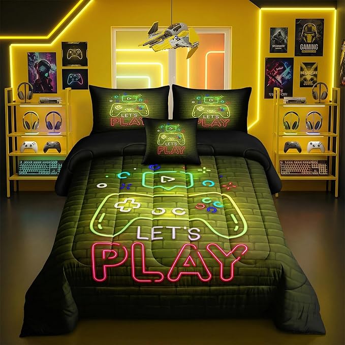 6 PCS Gaming Bedding Sets,Gaming Comforter Set for Boys,Kids Bedding Set for Boys,Full Size Bedding Sets for Boy,Bed in A Bag with Sheets(Full,Yellow Color)