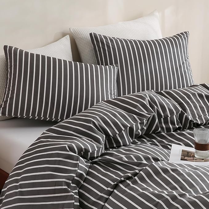 TOCOMOA Striped Duvet Cover Set 100% Natural Cotton Soft Comfy Breathable 3 Piece Black and White Pattern Printed Comforter Cover Bedding Set (Queen 90"x90", Comforter Not Included)
