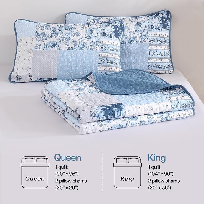Anibedding Blue Patchwork Quilt Set King Size Boho Floral Plaid Bedspread Coverlet Set, Farmhouse Soft Microfiber Bedding Set, Blue Summer Bed Cover with 2 Pillowcases for All Season