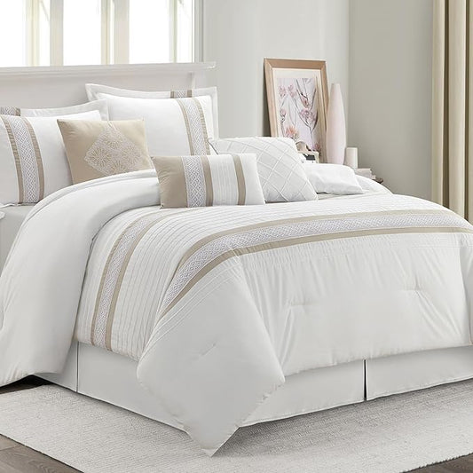 7 Piece Comforter Set, Taupe White, Queen Size, Boho Style Geometric Microfiber Embroidery, Bed in a Bag with Bedskirt, Pillow Shams and Decor Pillows