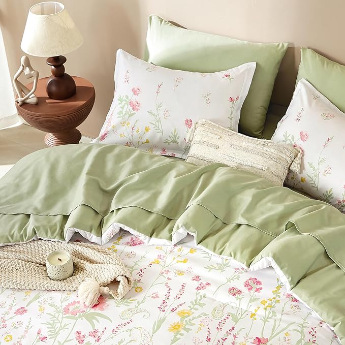 Yiran 7 Piece Pink Green Floral Comforter Set King Size, Cute Botanical Comforters Lightweight Coquette Bedding Set Flower Bed in a Bag Soft Farmhouse Bedding Set with Sheets for Women