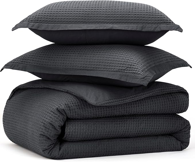 Bedsure Cotton Duvet Cover King - 100% Cotton Waffle Weave Charcoal Duvet Cover King Size, GentleSoft™ and Breathable Bedding Set for All Season, 3 Pieces, 104"x90"