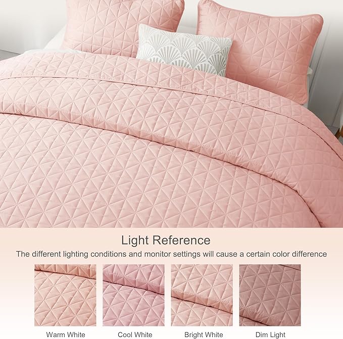 Exclusivo Mezcla Quilts Queen Size Bedding Set with Stitched Grid Pattern, Lightweight Summer Pink Bedspreads Coverlets Bed Cover for All Seasons (1 Quilt and 2 Pillow Shams)