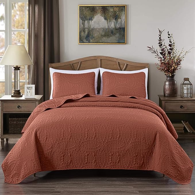 Chezmoi Collection Austin King Bedspread Set 3-Piece Pinsonic Quilted Oversized Bedspread Coverlet Set, King, Terracotta