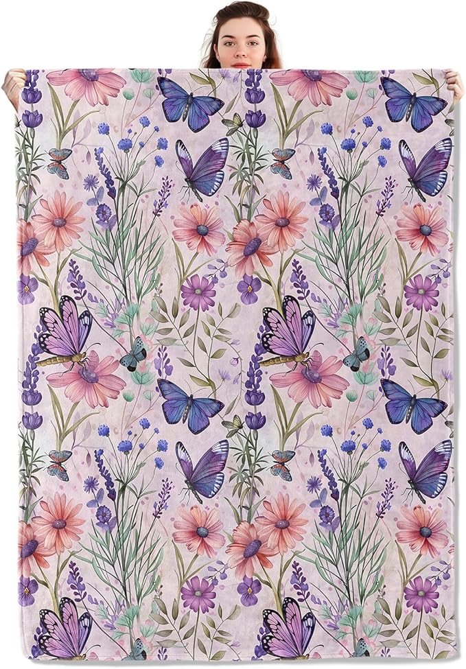 Butterfly Blanket Lightweight Blankets Gifts for Women Flannel Throw with Colorful Floral and Purple Butterflies Printed for Sofa, Bed, Travel, Camping, Office, Rustic Decor Throws 50x40 Inch