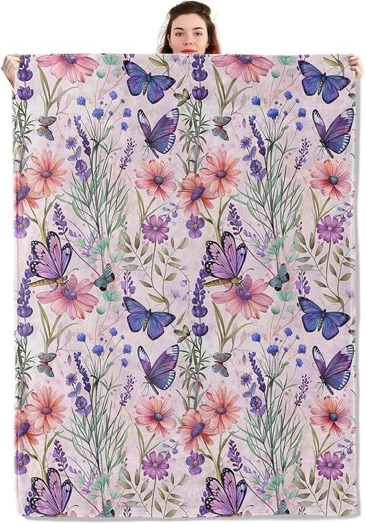 Butterfly Blanket Lightweight Blankets Gifts for Women Flannel Throw with Colorful Floral and Purple Butterflies Printed for Sofa, Bed, Travel, Camping, Office, Rustic Decor Throws 80x60 Inch