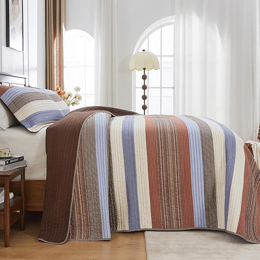 Oversized King Quilt Bedspread Coverlet 120x120, 100% Cotton California King Quilt with Pillow Shams, Soft Yarn Dyed Multicolor Striped Bedding Set, Brown/Beige/Blue