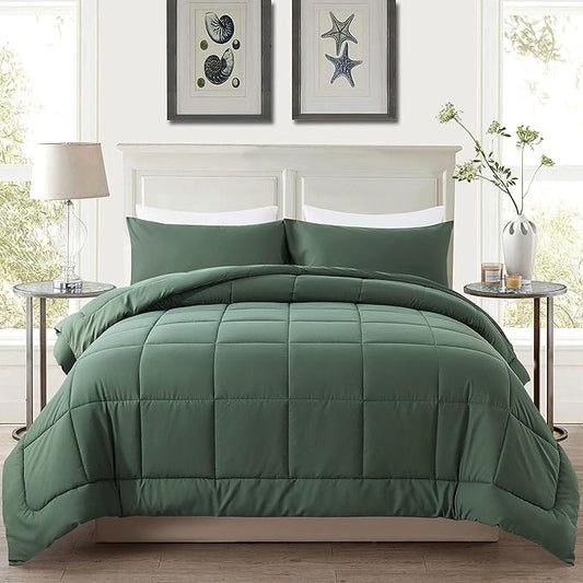 DOWNCOOL King Size Comforter Set -All Season Bedding Comforters Sets with 2 Pillow Cases -3 Pieces Bed Set Down Alternative King Bedding Set -Sage Green King Comforter Set(102"x90")