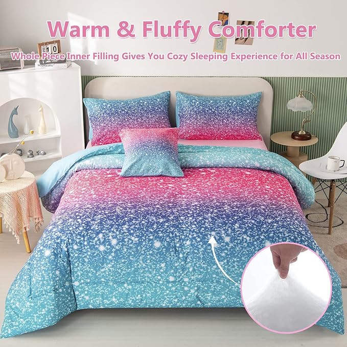 PERFEMET Queen Size Girls Bedding Set 6 Piece Blue Pink Comforter Set Kids Bed in A Bag Colorful Rainbow Glitter Bed Set for Bedroom Decoration Fluffy Tie Dye Teen Girl Bed Comforter Set