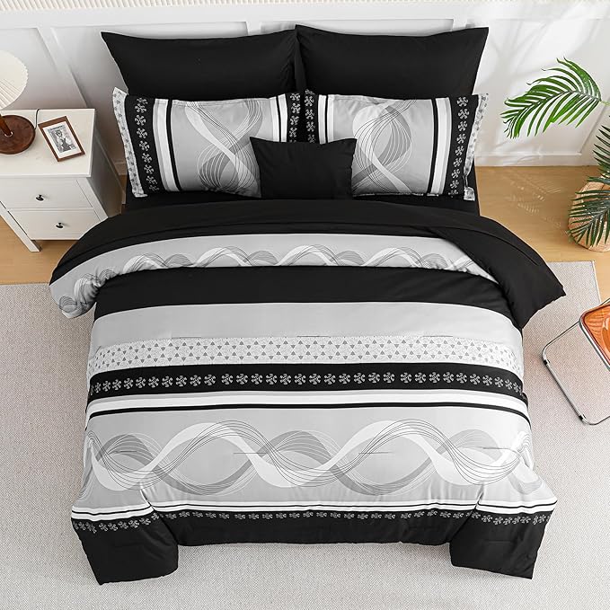 Anibedding Black Comforter Set California King Size,8 Pieces Boho Bed in a Bag Patchwork Striped Comforter Set, Soft Microfiber Bedding Set for All Season(104"x96")
