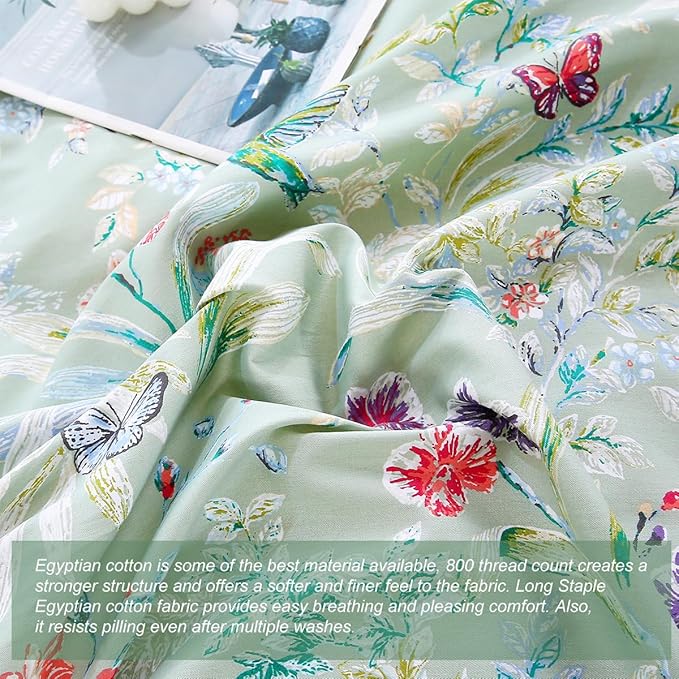URBONUR Green Floral Duvet Cover Set Full Size 100% Egyptian Cotton Percale Bedding Set Farmhouse Butterfly Print Comforter Cover with Button Closure (3Pcs, Full)