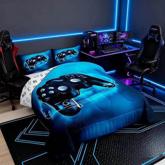 Feelyou Queen Size Gaming Comforter Set for Boys Gamer Bedding Set for Teens Kids Gamer Room Decor Blue Video Games Comforter Duvet Set Gamepad Quilted All Season 1 Comforter with 2 Pillow Cases