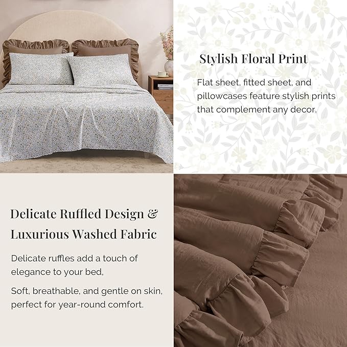 Full Comforter Set - 7 Pieces Ruffle Amber Brown Bedding Sets, Shabby Chic Farmhouse Bed in a Bag with Ruffle Comforter, Floral Sheets, Pillowcases & Shams