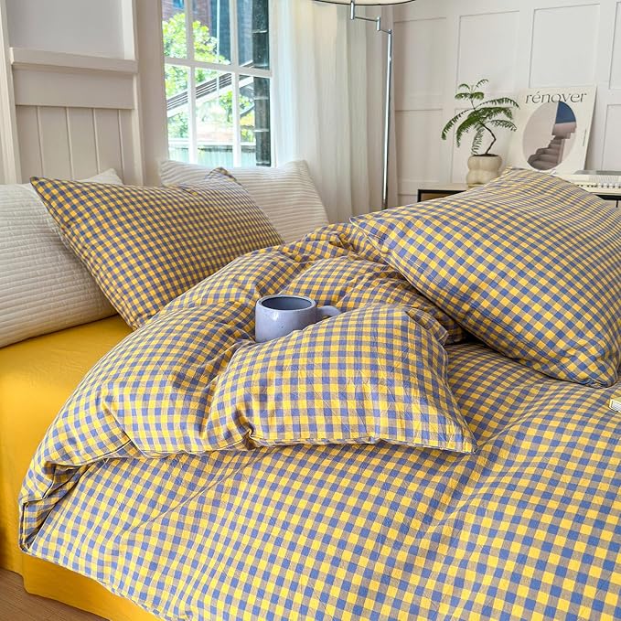 LifeTB Gingham Comforter Set Twin XL Modern Style Purple Yellow Plaid Comforter Set 3 Pieces Soft Fluffy Grid Checkered Pattern Comforter with 2 Pillowcases Farmhouse Gingham Bedding Set Twin XL
