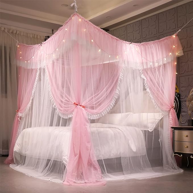 VETHIN 4 Corners Post Ruffle Princess Bed Canopy Curtain-Double Layer Cozy Drape Netting 4 Opening Mosquito Net for Girls Adults Bedroom Decoration (Pink/Whtie,59" W*82" L*82"*H/Queen)