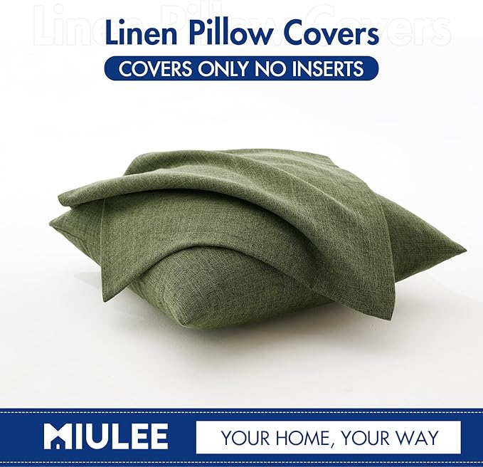 MIULEE Pack of 2 Decorative Linen Burlap Pillow Covers Farmhouse Boho Accent Pillowcases for Sofa Car Couch Bedroom Living Room Decor 20x20 Inch Dark Olive Green