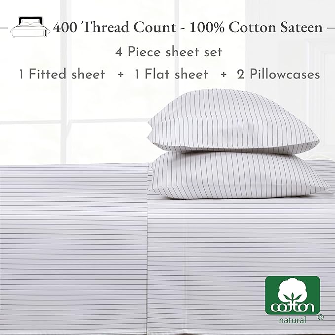 California Design Den Printed King Size Sheets Set - 400 Thread Count, Soft Sateen, Natural 100% Cotton Sheets Set, Deep Pockets, and Durable Bedding - Pinstriped