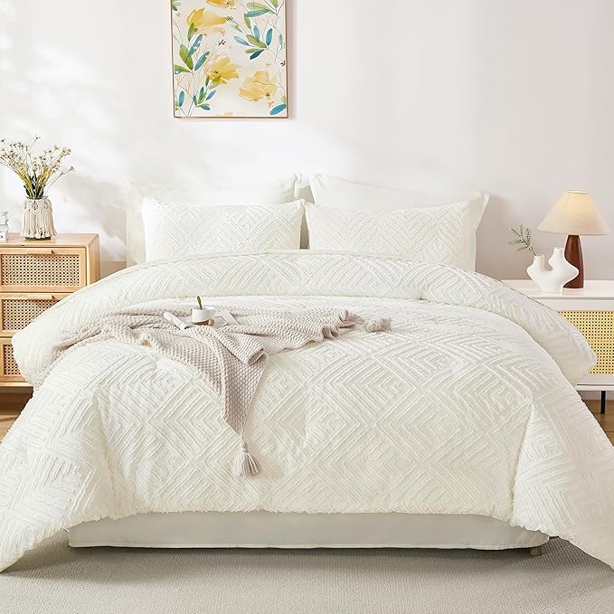Andency Oversized King Size Comforter Set 7 Pieces Ivory - Bed in a Bag Oversized King Boho Lightweight Fluffy Tufted Bedding Sets with Comforter, Sheets, Pillowcases & Shams