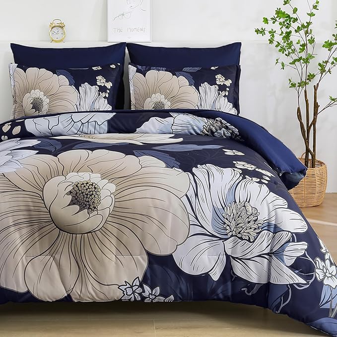 Xruibed Navy Blue Floral Comforter Set Queen Size 7 Pieces Bed in a Bag Navy Floral Comforter Flower Bedding Sets Lightweight Boho Bed Set with Sheet,Pillowcases&Shams for All Season
