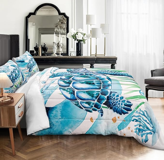 Bedbay Turtle Comforter Set Queen Size Ocean Theme Bedding for Boys Teen Girls Sea Turtle Coral Coastal Bedding Set Soft Cozy Lightweight Quilt 4-Piece 1 Comforter 2 Pillowcases 1 Cushion Cover