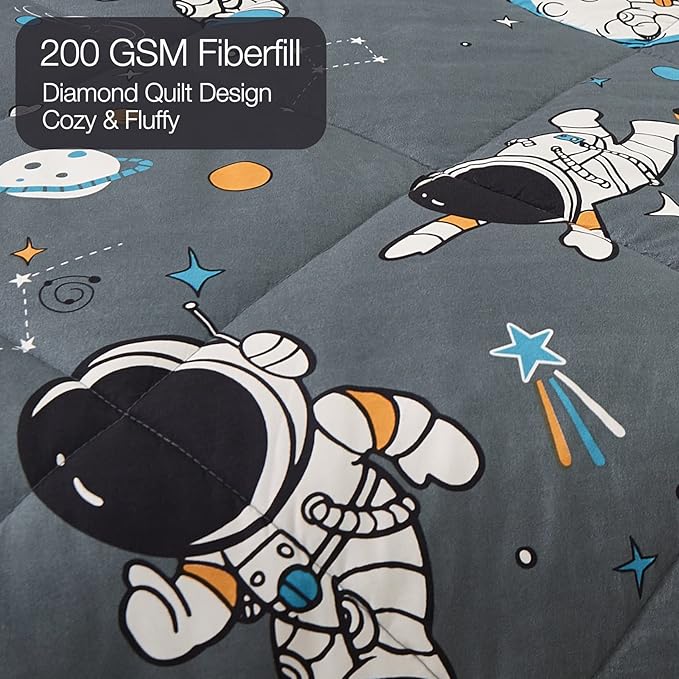 JSD Grey Astronaut Kids Comforter Set Full Size, 3 Piece Space Theme Microfiber Comforter with Pillow Shams, Lightweight All Season Washable