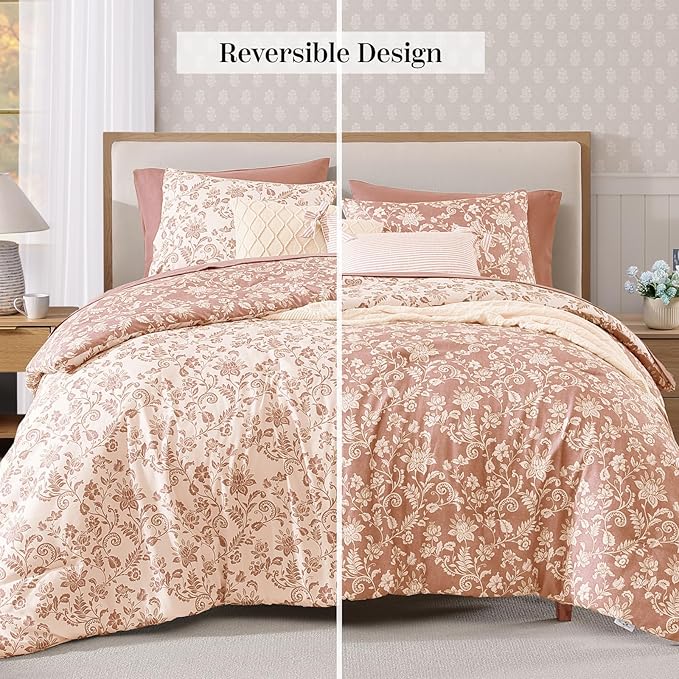 Twin XL Comforter Set -5 Pieces Floral Clay Pink Bedding Set for All Seasons, Bed in a Bag with Botanical Flowers Comforter, Sheets, Pillowcase & Sham