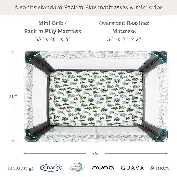 Pack and Play Sheets Fitted, Mini Crib Sheets for Graco Pack N Play Playard (38x26), Ultra Soft Organic Cotton Blend, Safe & Snug Playpen Mattress Sheet for Baby Boys & Girls – Starry Woodland, 2-Pack